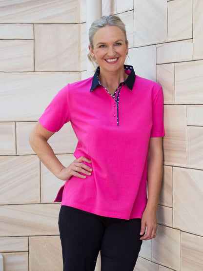 Short sleeve cotton piquet polo with contrast collar and spot trim #26 Pink
