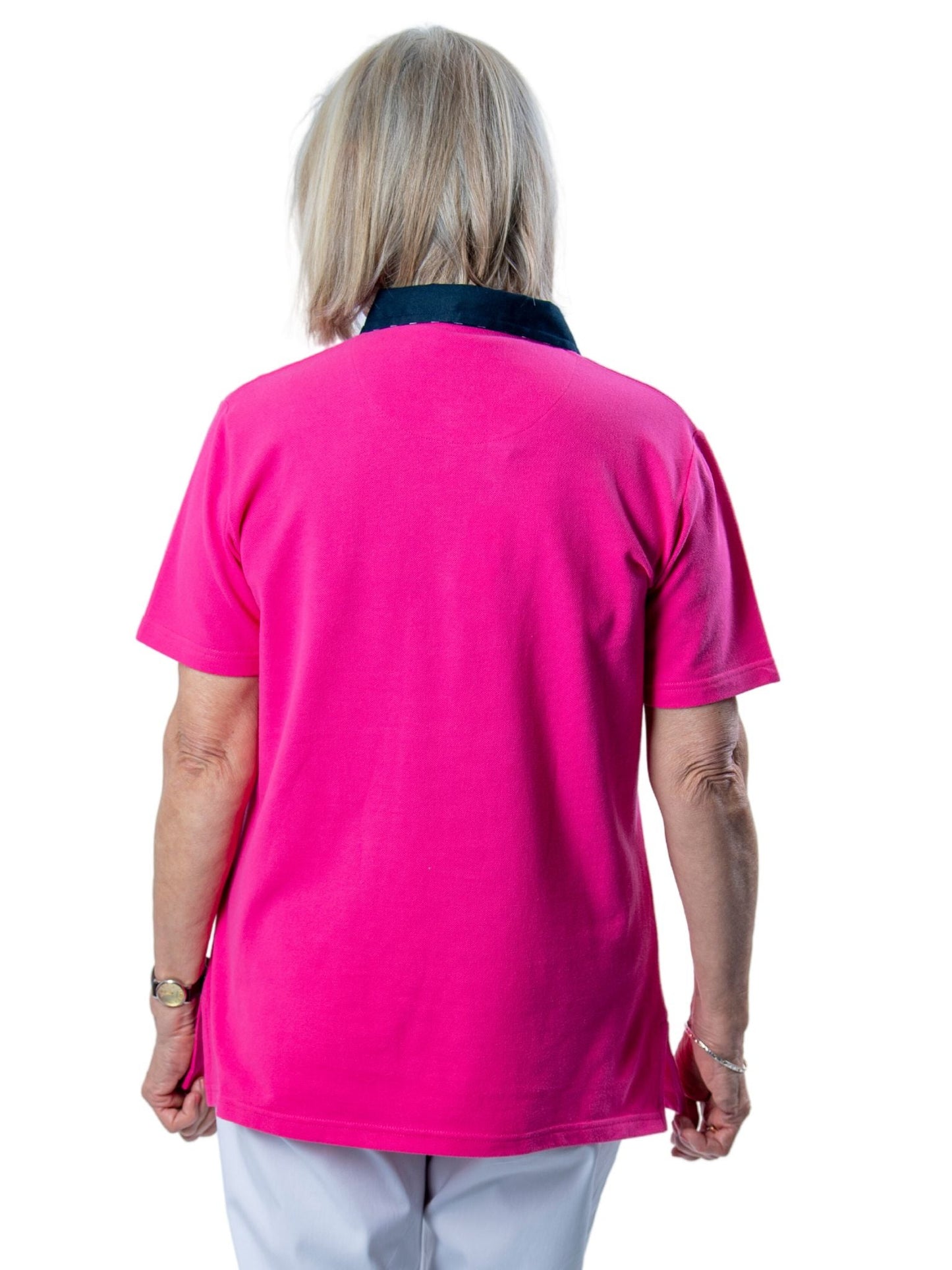 Short sleeve cotton piquet polo with contrast collar and spot trim #26 Pink