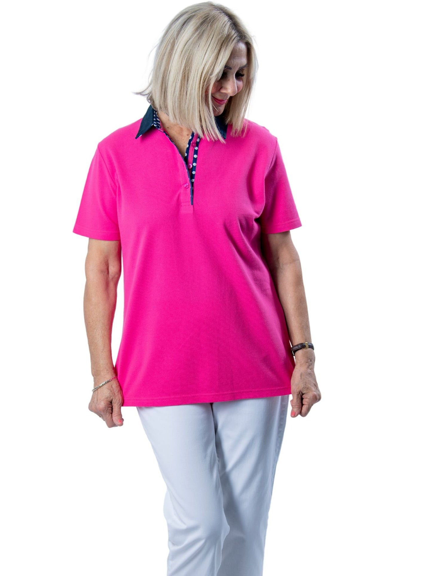 Short sleeve cotton piquet polo with contrast collar and spot trim #26 Pink