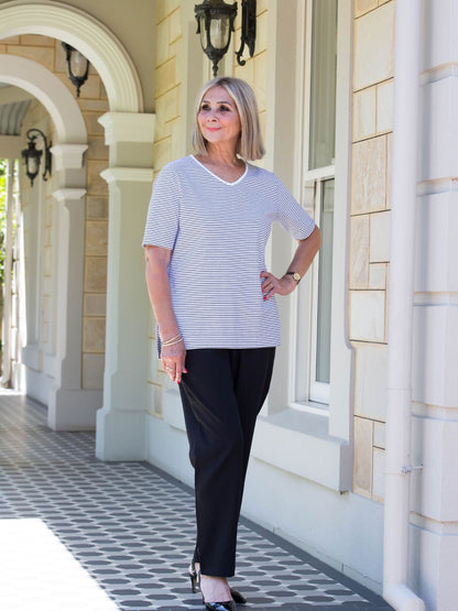 Short sleeve stretch cotton tee with rounded V-neck #143 White/Black