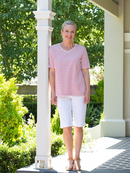 Short sleeve stretch cotton tee with rounded V-neck #143 White/Red