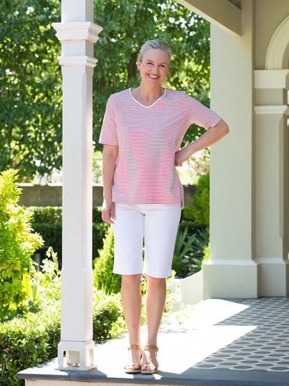 Short sleeve stretch cotton tee with rounded V-neck #143 White/Red