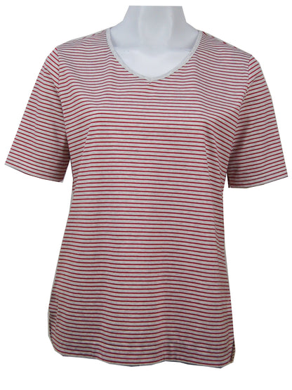Short sleeve stretch cotton tee with rounded V-neck #143 White/Red