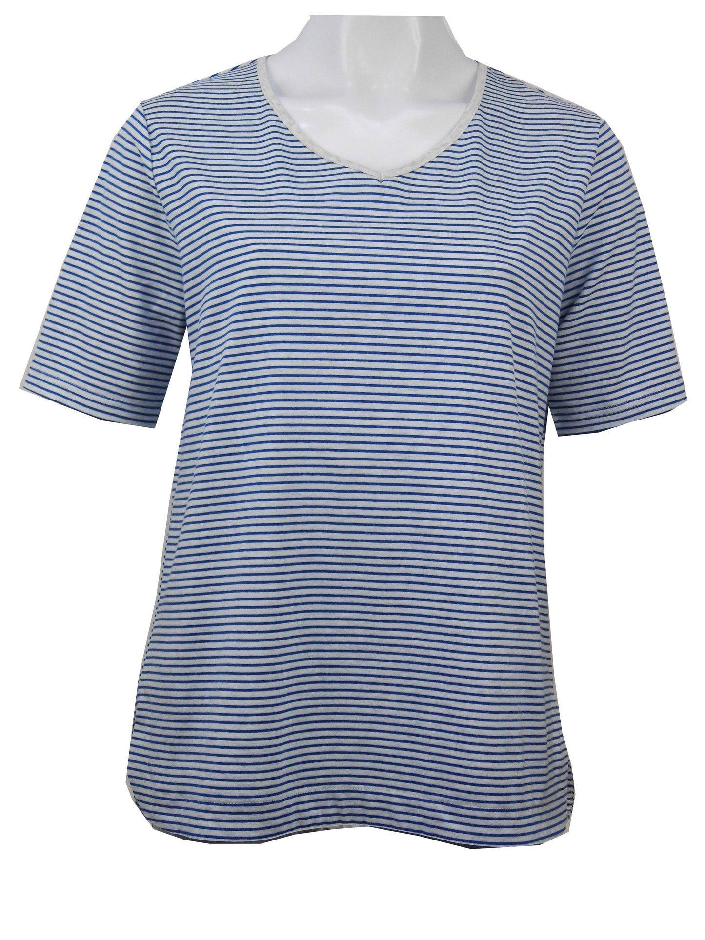Stripe Short sleeve stretch cotton tee with rounded V-neck #143 White/Blue