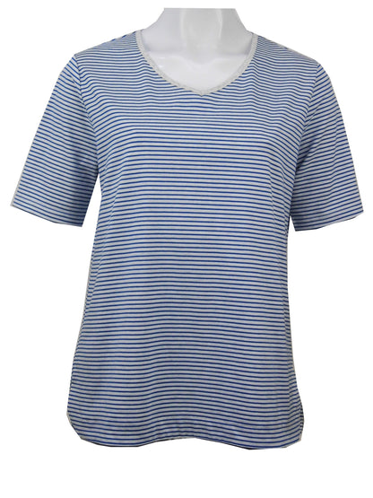 Stripe Short sleeve stretch cotton tee with rounded V-neck #143 White/Blue