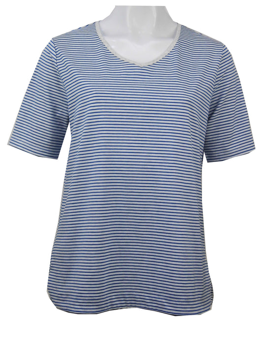 Stripe Short sleeve stretch cotton tee with rounded V-neck #143 White/Blue