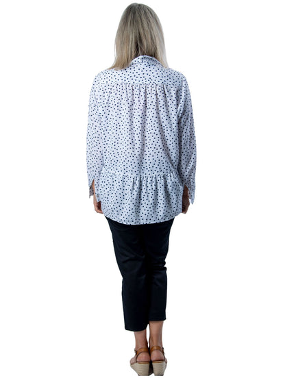CORFU Relaxed, Panelled Spot Pint Shirt with Roll-up Tab Sleeves #CF6387 - White/Navy Spot