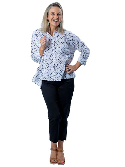 CORFU Relaxed, Panelled Spot Pint Shirt with Roll-up Tab Sleeves #CF6387 - White/Navy Spot