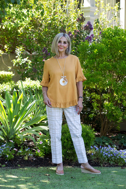 Linen Blend Short sleeve top with ruffle sleeve and hem edge finish #493 - Gold