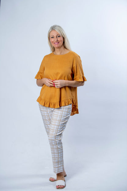 Linen Blend Short sleeve top with ruffle sleeve and hem edge finish #493 - Gold