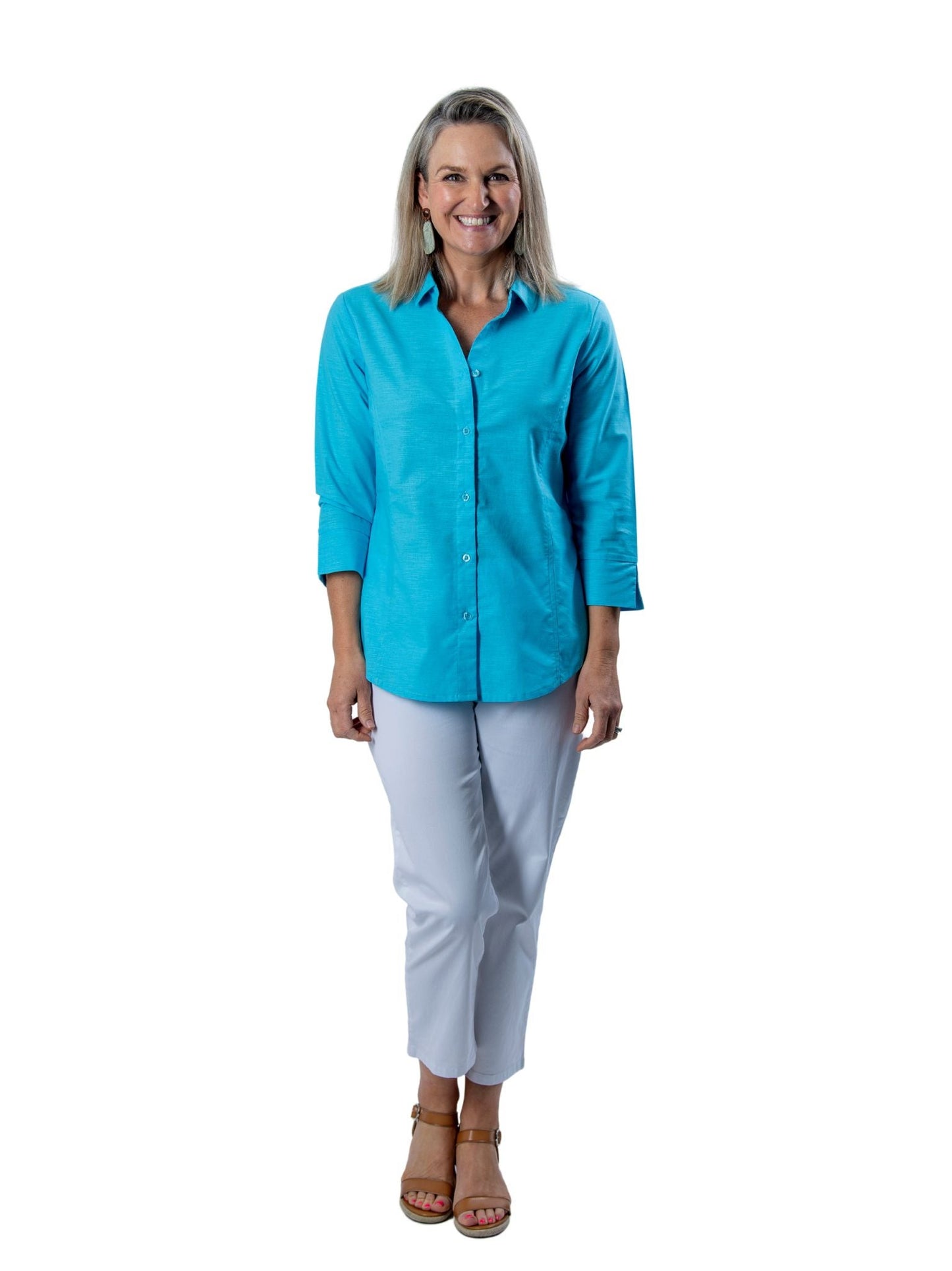 Semi-Fitted Linen Blend  3/4 sleeve shirt #3330 - Aqua