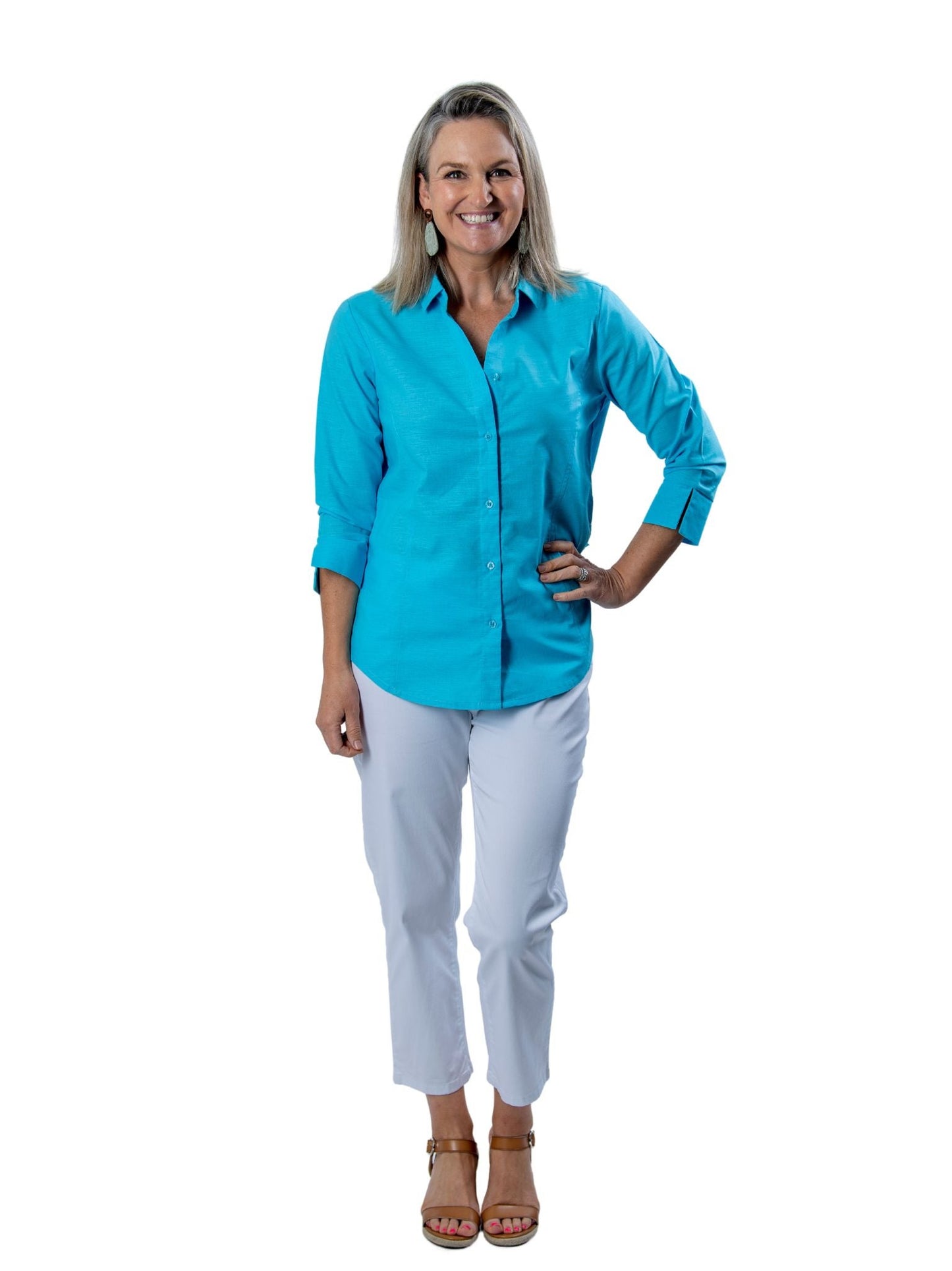 Semi-Fitted Linen Blend  3/4 sleeve shirt #3330 - Aqua