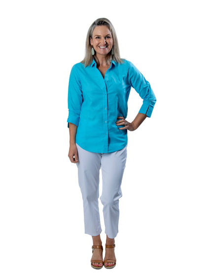 Semi-Fitted Linen Blend  3/4 sleeve shirt #3330 - Aqua