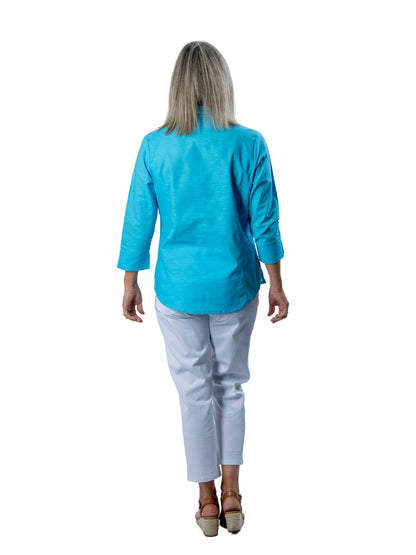 Semi-Fitted Linen Blend  3/4 sleeve shirt #3330 - Aqua