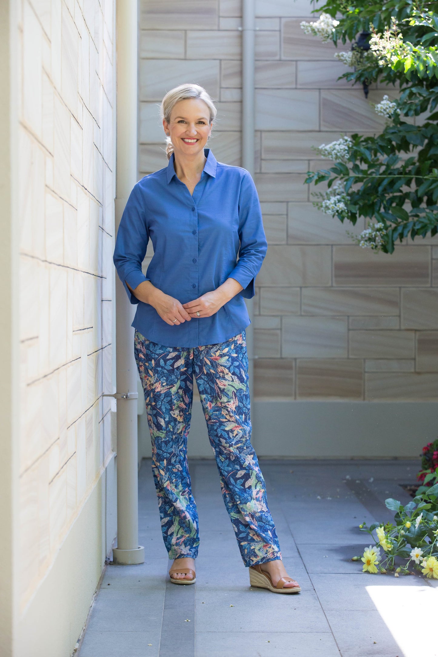 Semi-Fitted Linen Blend  3/4 sleeve shirt #3330 - Blue