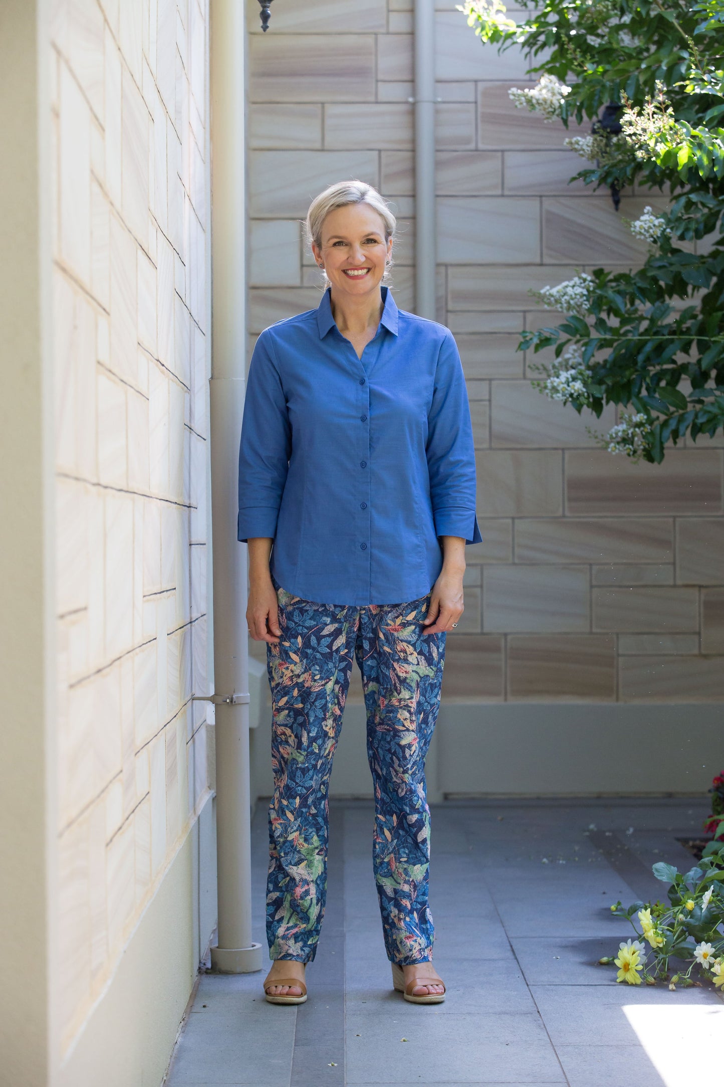 Semi-Fitted Linen Blend  3/4 sleeve shirt #3330 - Blue