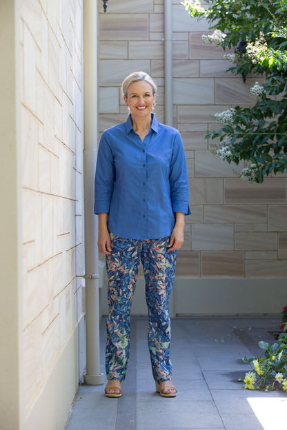Semi-Fitted Linen Blend  3/4 sleeve shirt #3330 - Blue