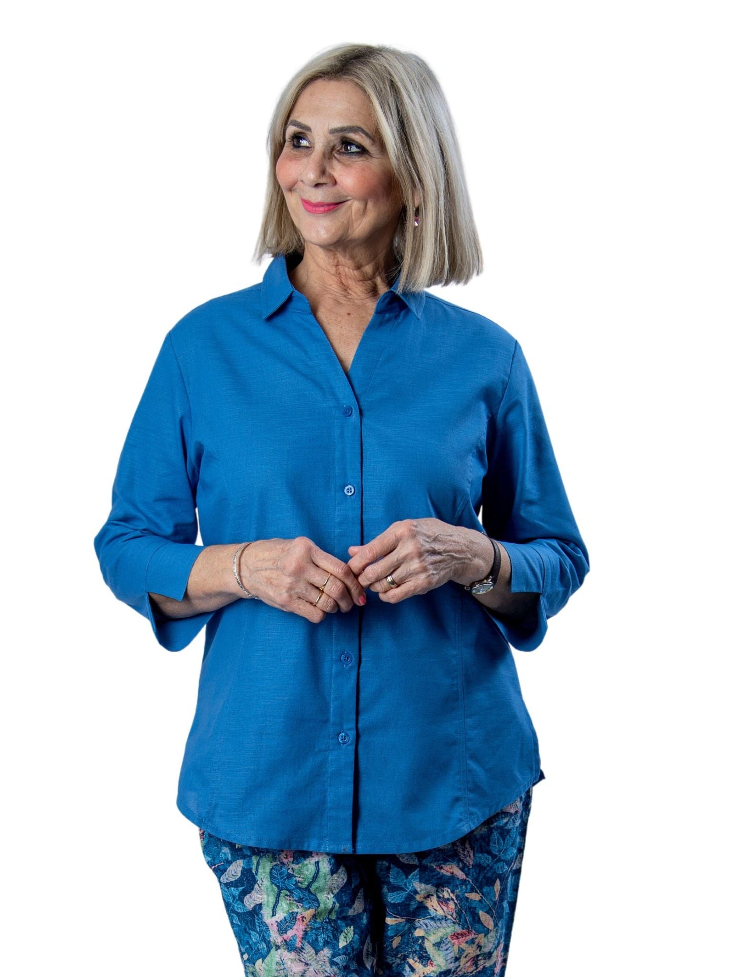 Semi-Fitted Linen Blend  3/4 sleeve shirt #3330 - Blue