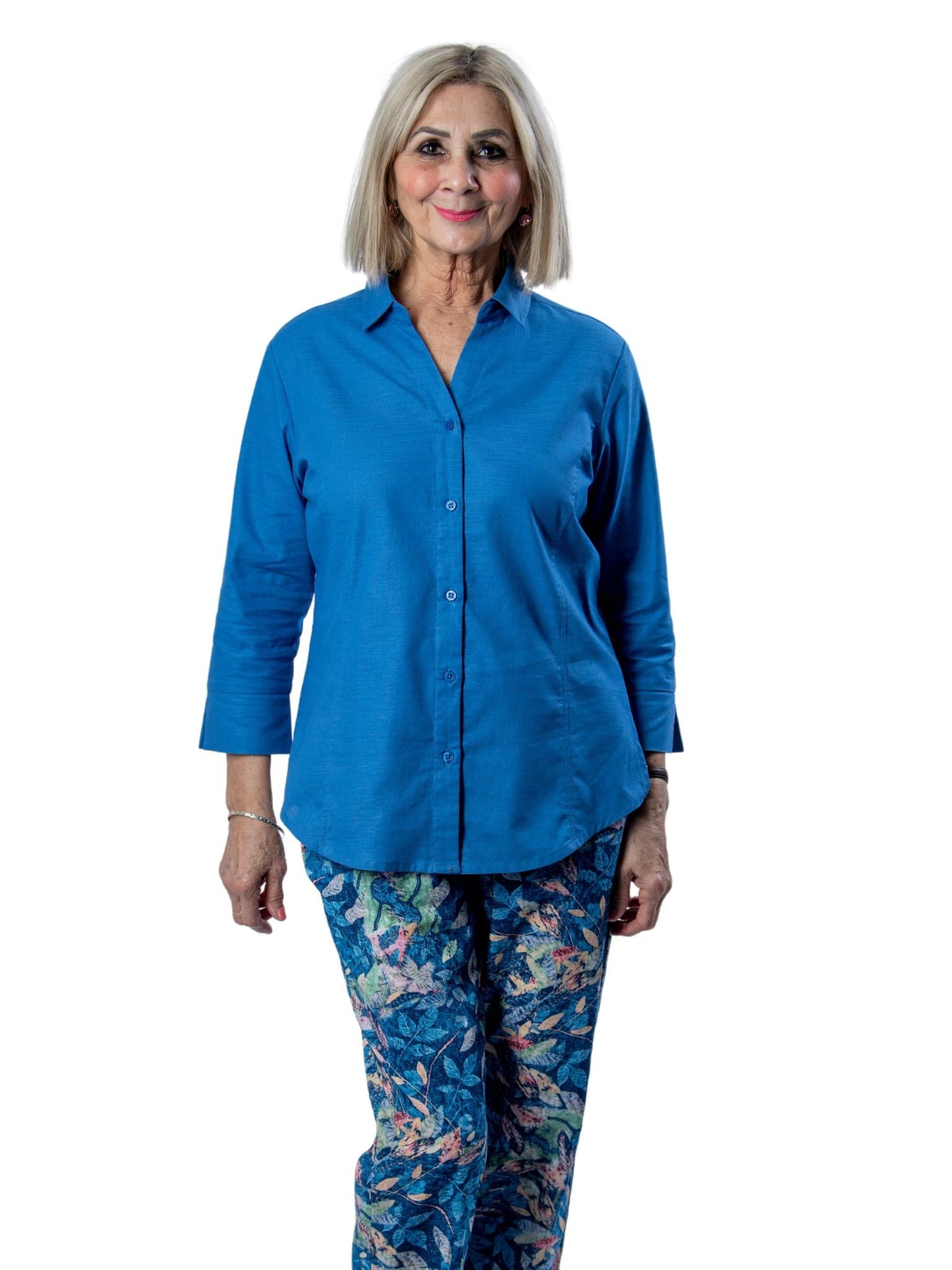 Semi-Fitted Linen Blend  3/4 sleeve shirt #3330 - Blue