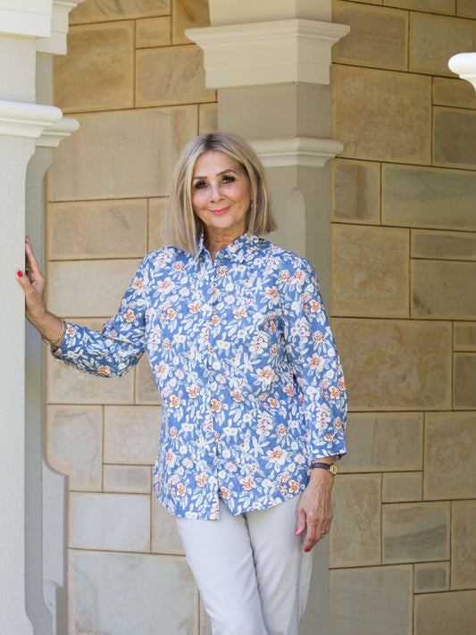 Semi-Fitted 100% Cotton poplin 3/4 sleeve spring floral print shirt with back yoke #3416 - Blue