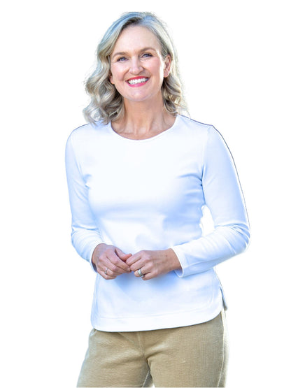 Long sleeve stretch cotton round neck top - #108 White
