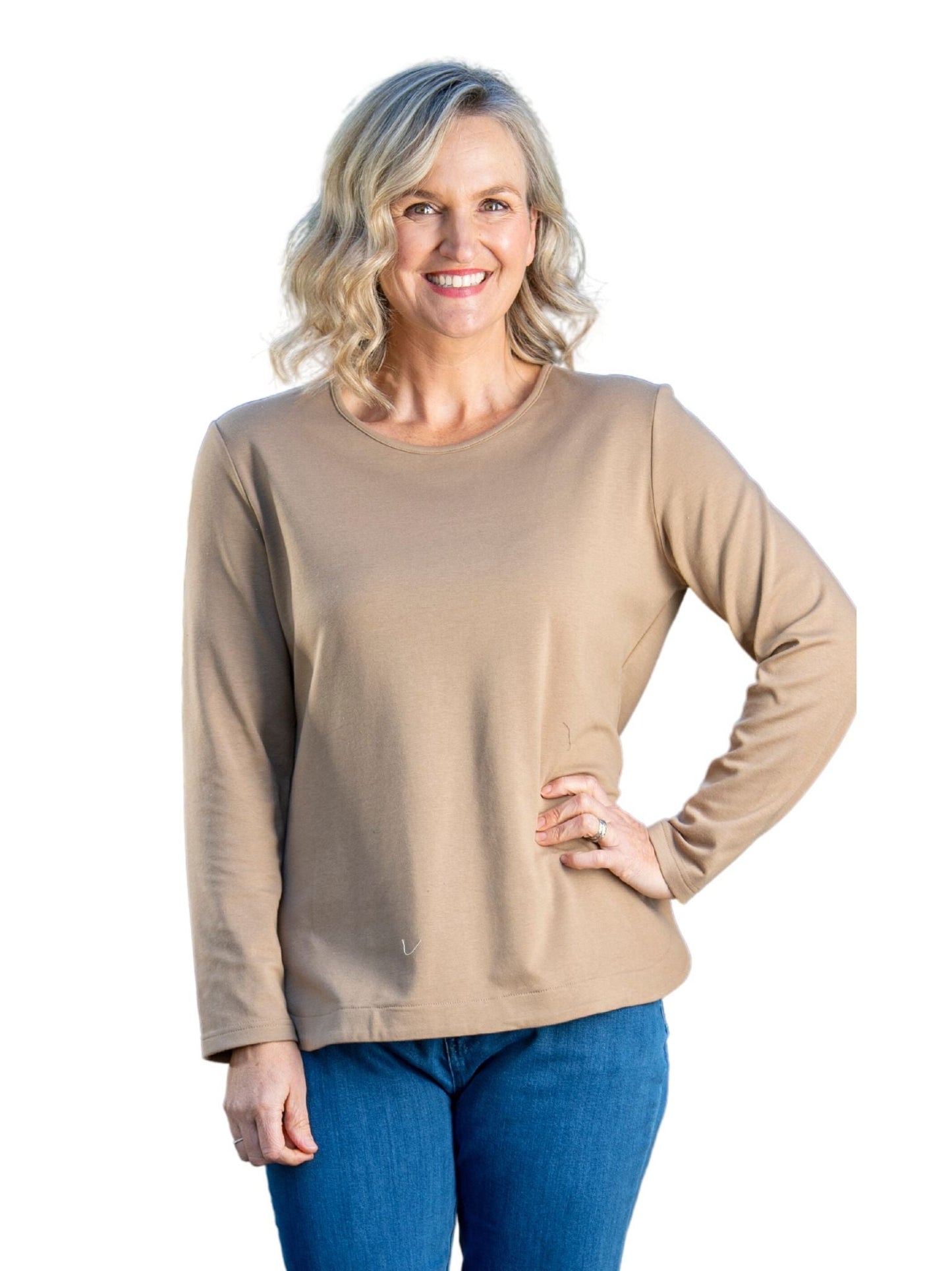 Pure Cotton Long Sleeve Crew Neck Top #108 Latte