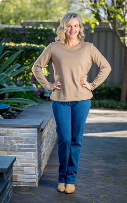 Pure Cotton Long Sleeve Crew Neck Top #108 Latte