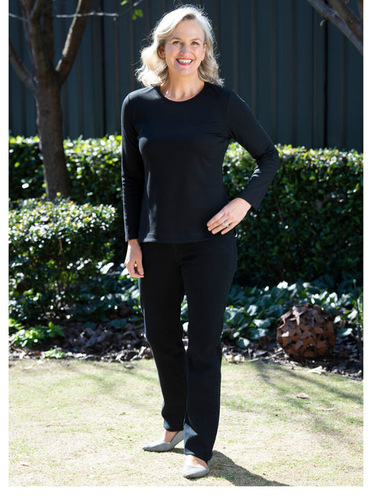 Long sleeve stretch cotton round neck top - #108 Black