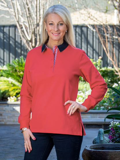 Contrast Trim half button placket cotton rugby top #1022 - Rosewood