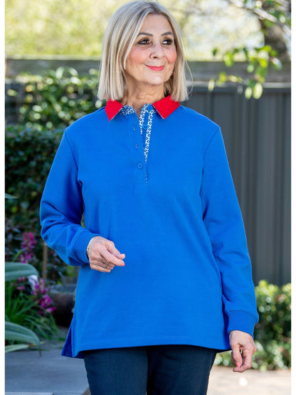 Contrast Trim half button placket cotton rugby top #1022 - Blue