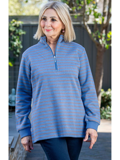 Stripe half zip cotton rugby with half zip opening #1081 Blue