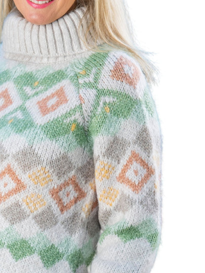 Wool blend Roll Neck Diamond Fairisle knit jumper #5817 Ivory Multi
