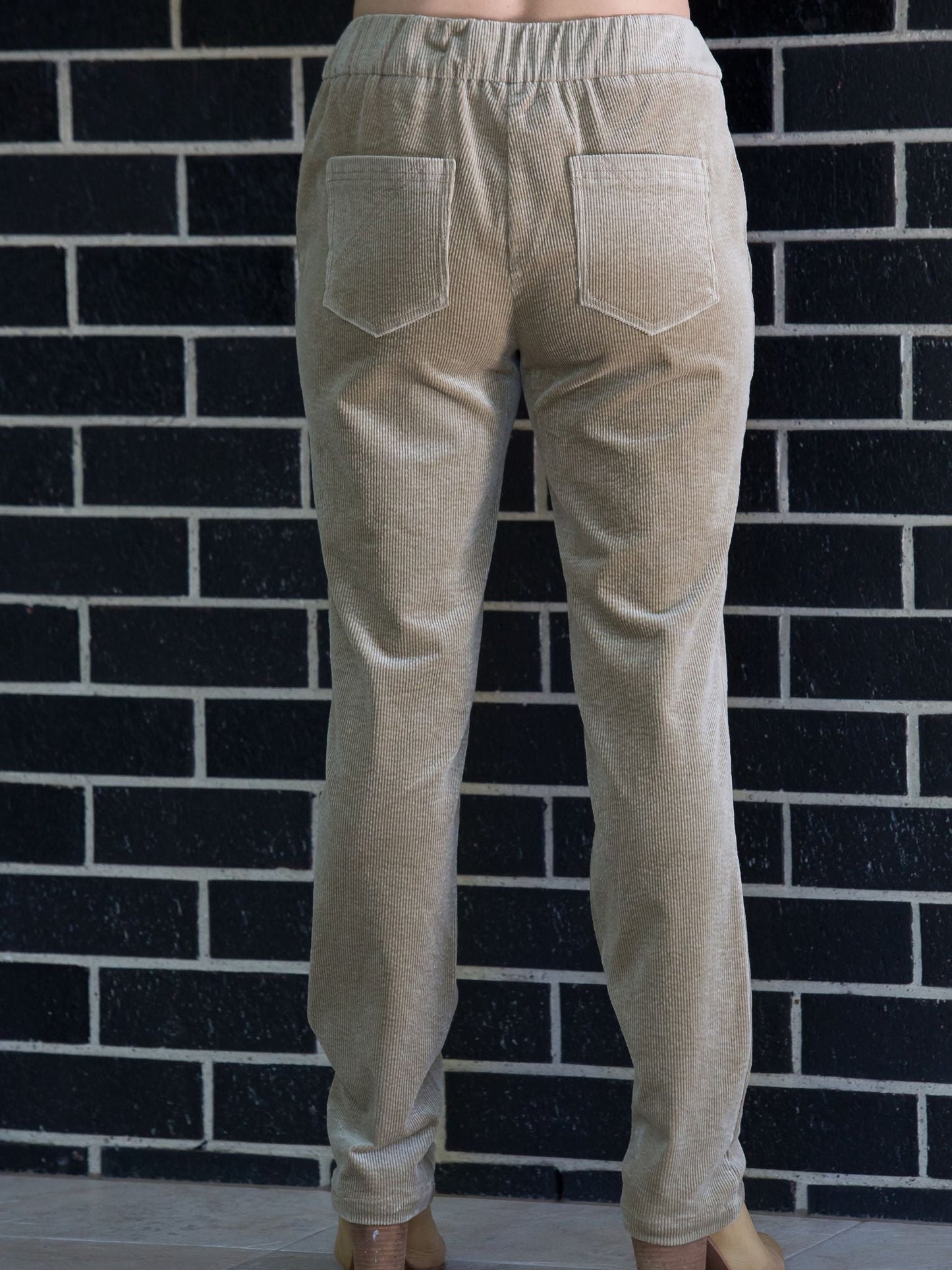 Two way stretch cord pull on pant with back patch pockets #6007 Sand