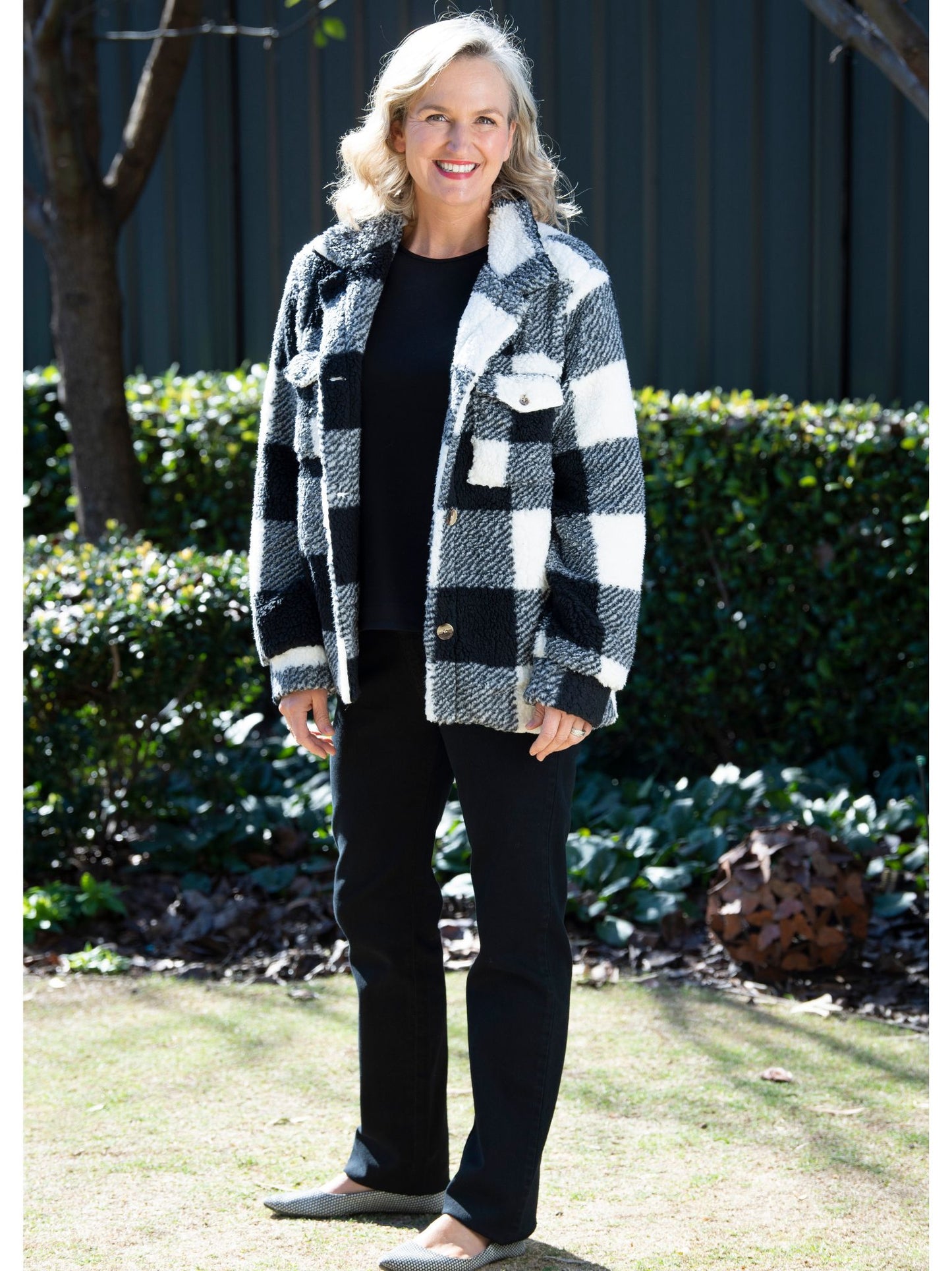 Check Sherpa Button up Jacket with patch and side pockets #9230 Black