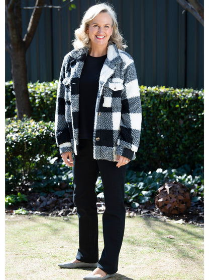 Check Sherpa Button up Jacket with patch and side pockets #9230 Black