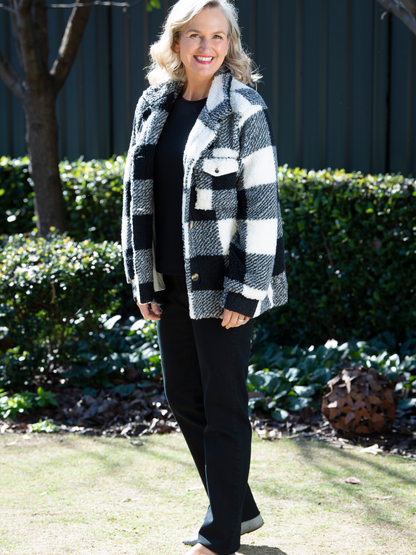 Check Sherpa Button up Jacket with patch and side pockets #9230 Black