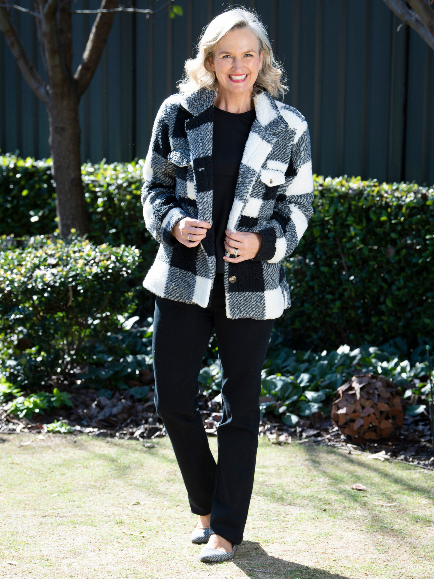 Check Sherpa Button up Jacket with patch and side pockets #9230 Black