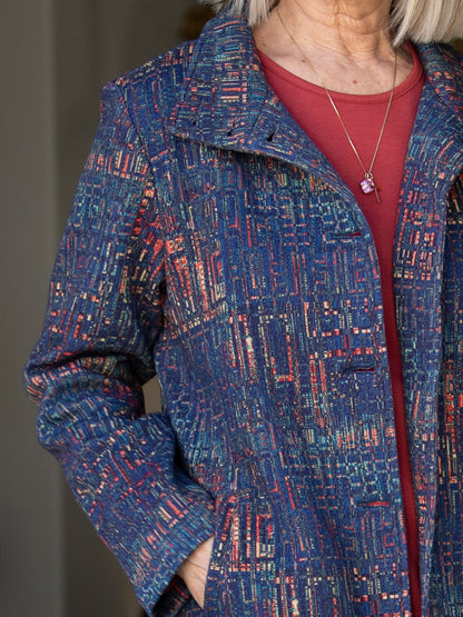 Longline Printed Smart Casual Winter Coat #9479 - Blue Multi