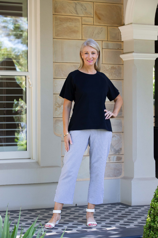 Drawstring Stripe Pant with Side Seam Hem Tab Detail #6530 - Black