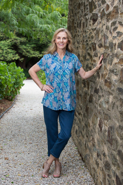Cap sleeve rayon blue floral/leaf print shirt #3669 Leaf