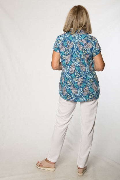 Cap sleeve rayon blue floral/leaf print shirt #3669 Leaf