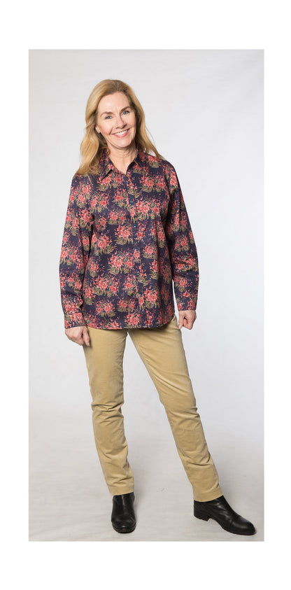 Long sleeve pure cotton floral print shirt #3924 Navy