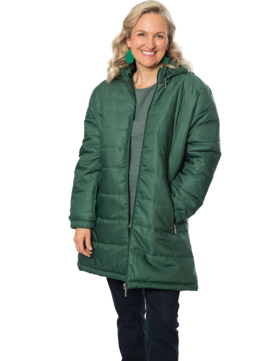 Thigh length quilted jacket with detachable hood #9620 Forest