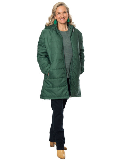 Thigh length quilted jacket with detachable hood #9620 Forest