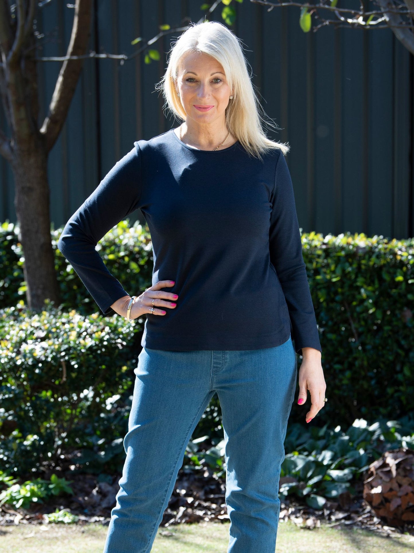 Long sleeve stretch cotton crew neck top #108 Navy