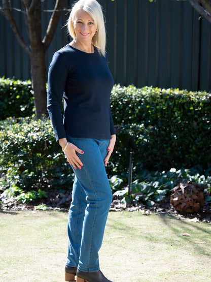 Long sleeve stretch cotton crew neck top #108 Navy