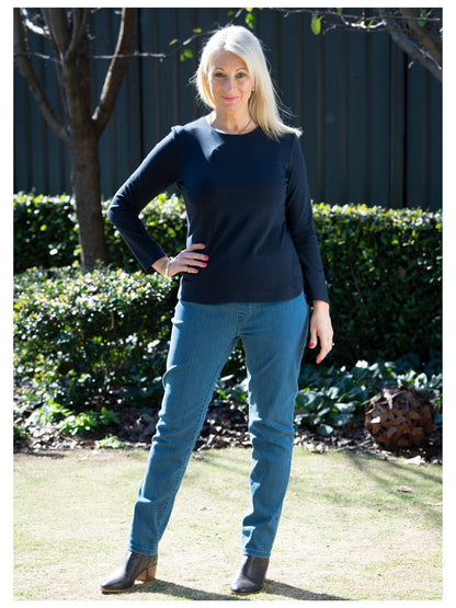 Long sleeve stretch cotton crew neck top #108 Navy