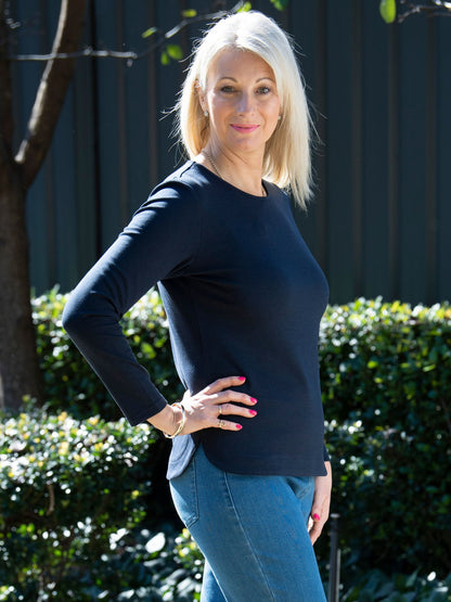 Long sleeve stretch cotton crew neck top #108 Navy