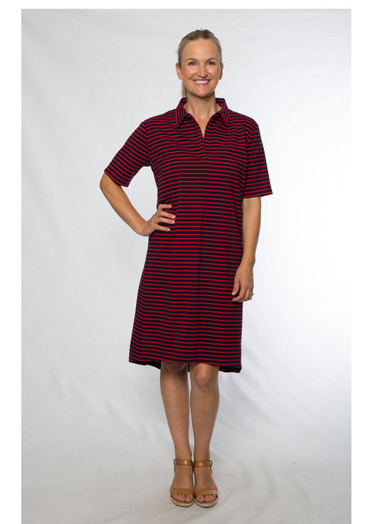 Stretch cotton stripe knit dress #758 Navy/Red