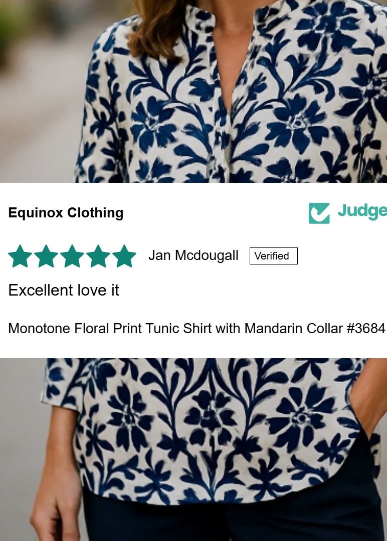 Person wearing a blue floral patterned shirt with a 'Judge.me' review overlay.